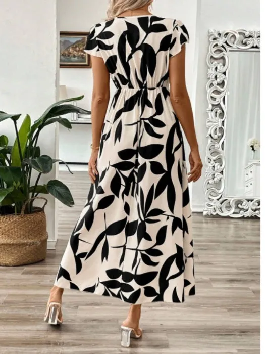 Ele V-Ne Stampa floreale ort Sve Long Dr Donna Dr Summer New Sle Faionable Abito a trapezio con orlo arricciato