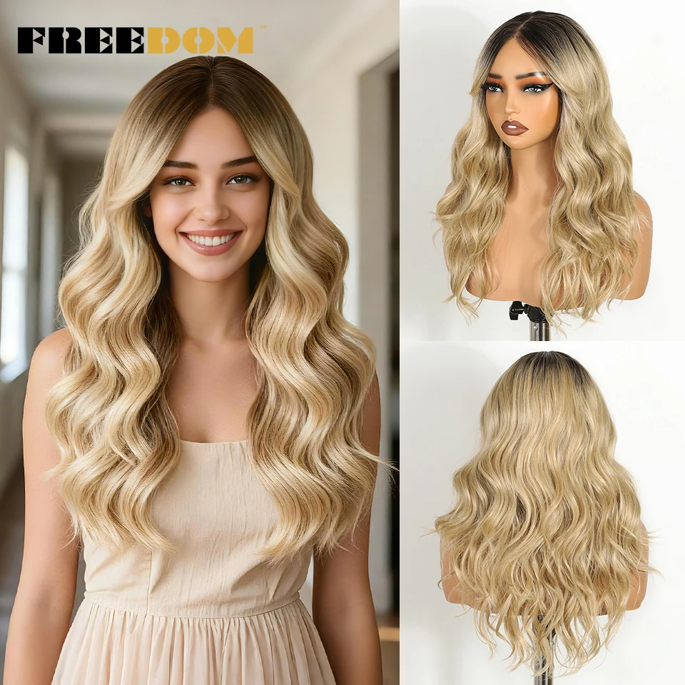 

FREEDOM Synthetic Lace Front Wigs For Women 6x4 Lace Wig With Bangs 20 Inch Ombre Blonde Body Wave Heat Resistant Cosplay Wigs