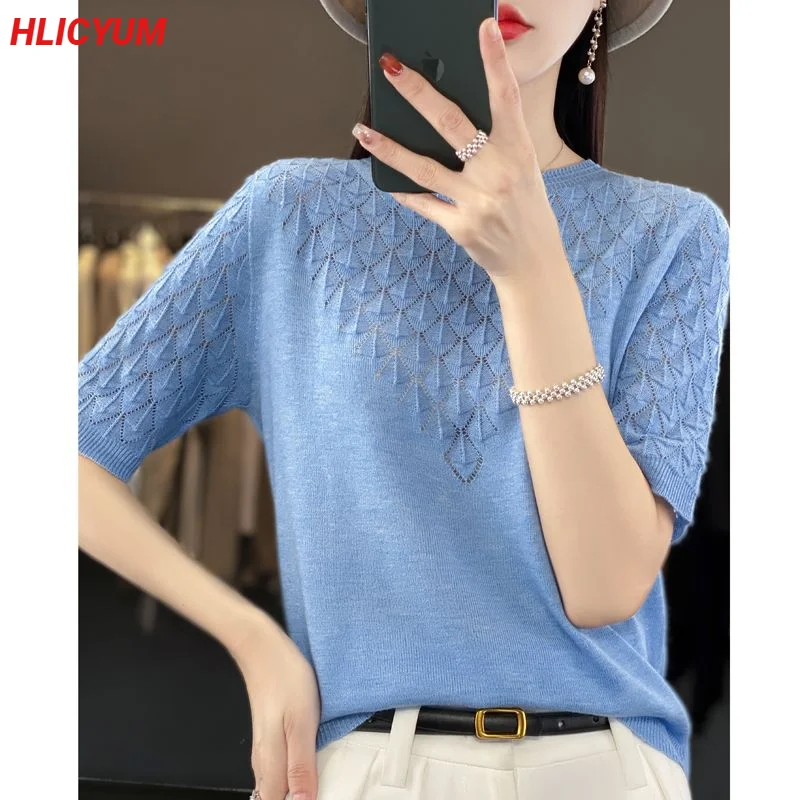 Women\'s T-shirt Summer New Hollow Sweater Short Sleeve Casual Knitwear Round Neck Ladies Tops Blouse Overside Pullover Tees