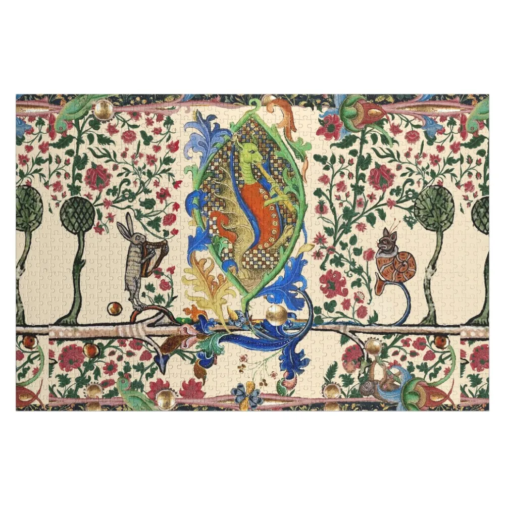 

WEIRD MEDIEVAL BESTIARY MAKING MUSIC, Dragon Playing Flute ,Harpist Rabbit,Snail Cat Jigsaw Puzzle Custom Name Child Toy Puzzle