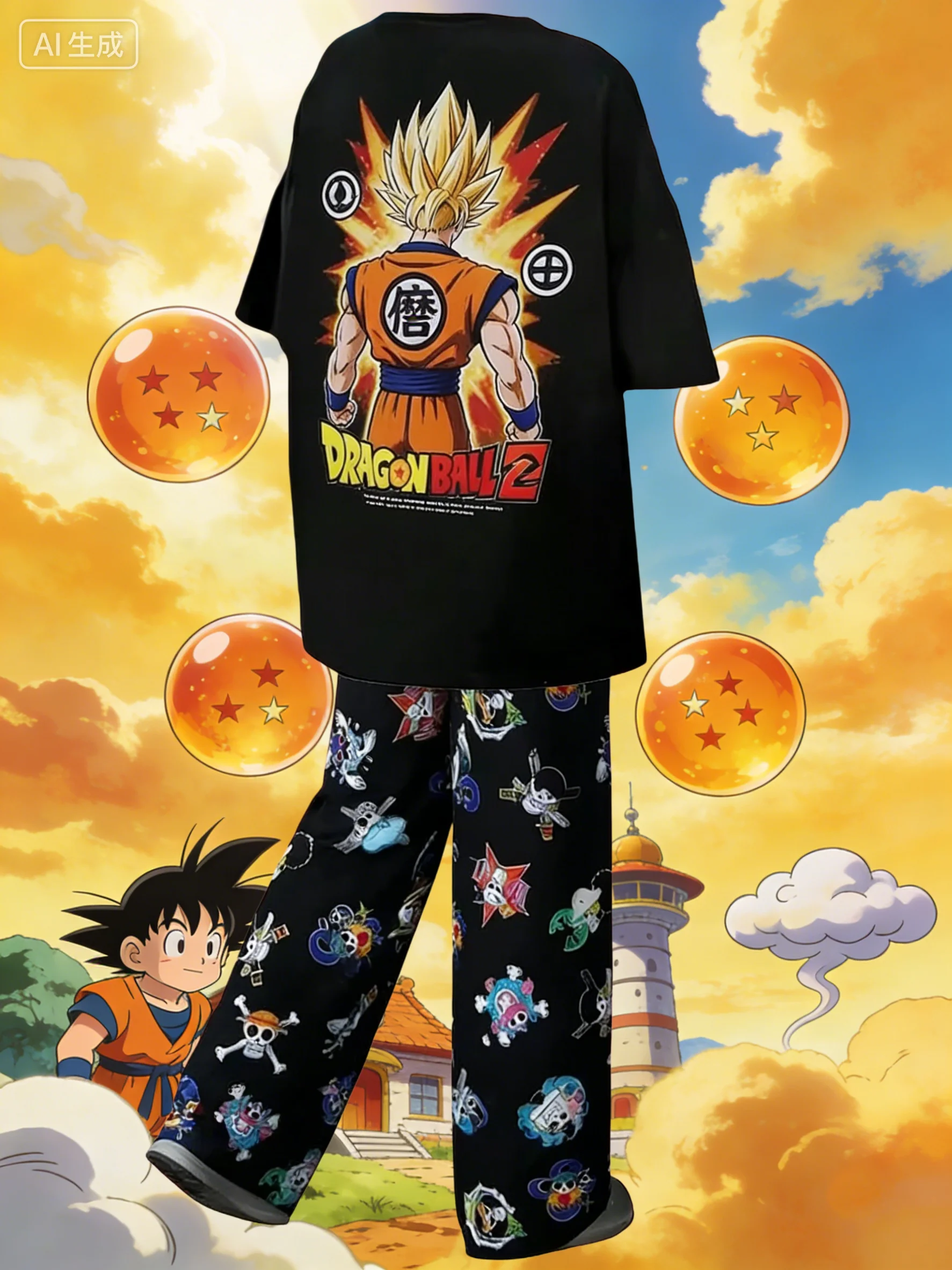 

Летний пижамный комплект 2026: футболка оверсайз и брюки с принтом Супер Сайян Гоку из Dragon Ball Z, унисекс, аниме-пижама, домашняя одежда