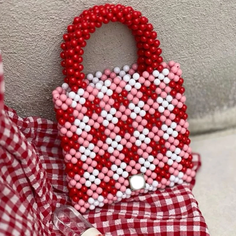 

Ins Design Splicing Color Contrasting Bead Production Women's Bag New Red Handbag Cute Versatile Tote Can Be Customized in Color