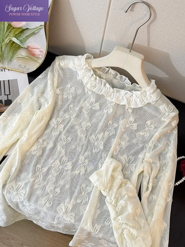 原宿ヴィンテージエレガントシックトップス女性スリムフィット長袖中空蝶シアーシャツカジュアルファッションオフィスレディブラウス