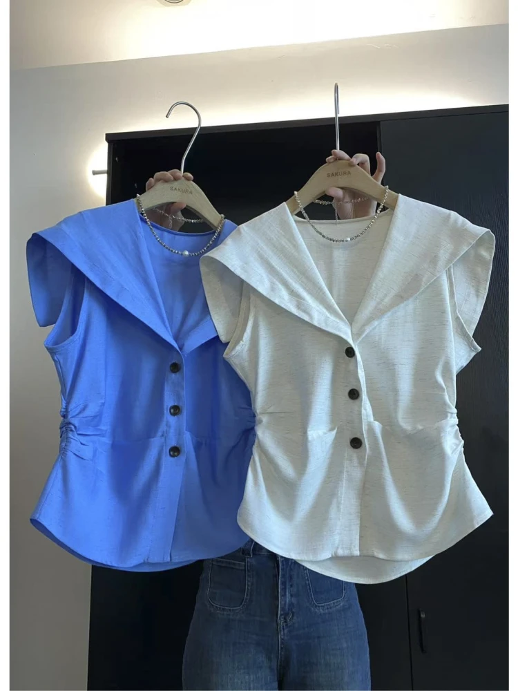 

2025 summer new French style high-end navy collar shirt women elegant temperament waist cinched sleeveless blouse top