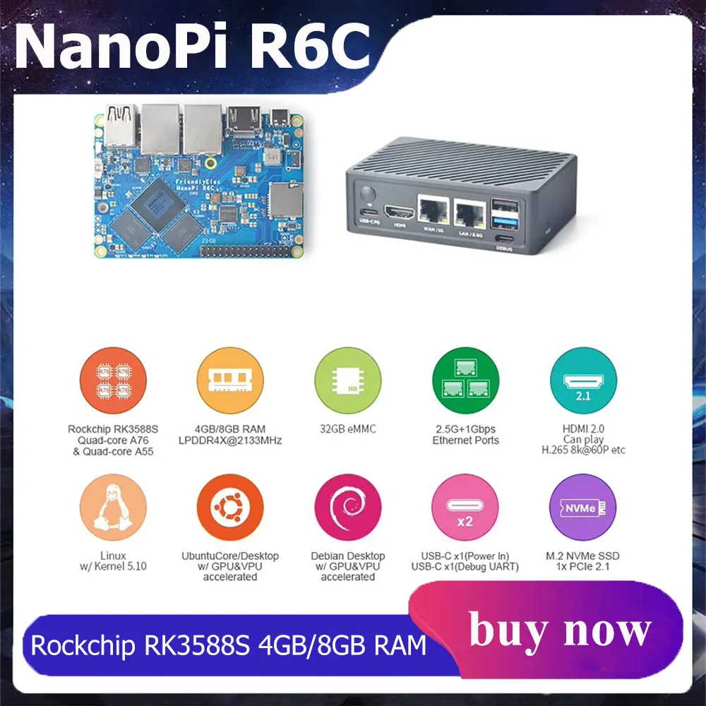 

NanoPi R6C макетная плата маршрутизации 2,5G Gigabit RK3588S 4GB / 8GB RAM 32GB eMMC SSD расширения