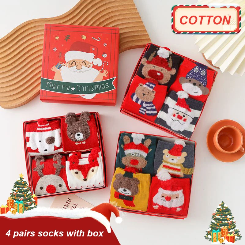 

4 Pairs/Box Christmas Socks Gift Box Set Women Cartoon Middle Tube Cotton Socks Christmas Decorations Sock Holiday Party Socks