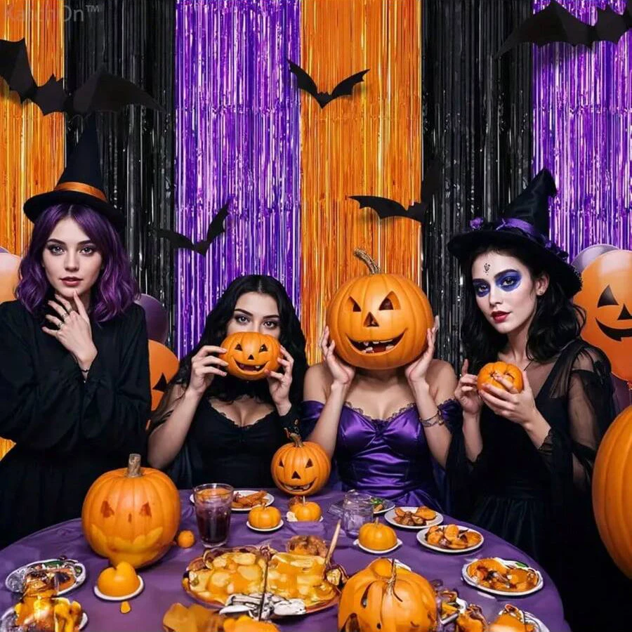 Orangefarbene, violette, schwarze Folienfransen-Vorhänge als Foto-Requisiten für Halloween-Partys, Trick-or-Treat-Partys, Tag der Toten-Partys usw. – Detail 6