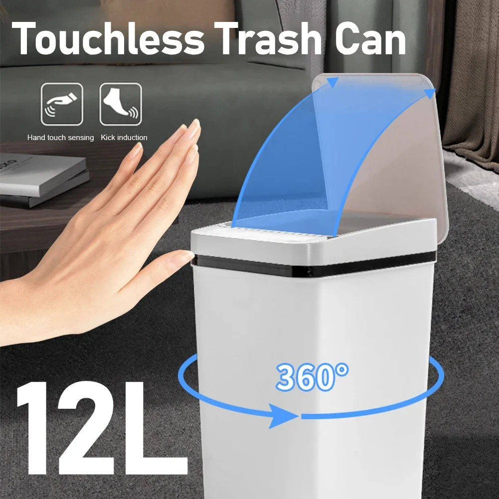 12L Smart Trash Can Automatic Touchless Garbage Can Kitchen Bedroom Trash Bin Toilet Smart Garbage Bucket Space-Saving Waterproo