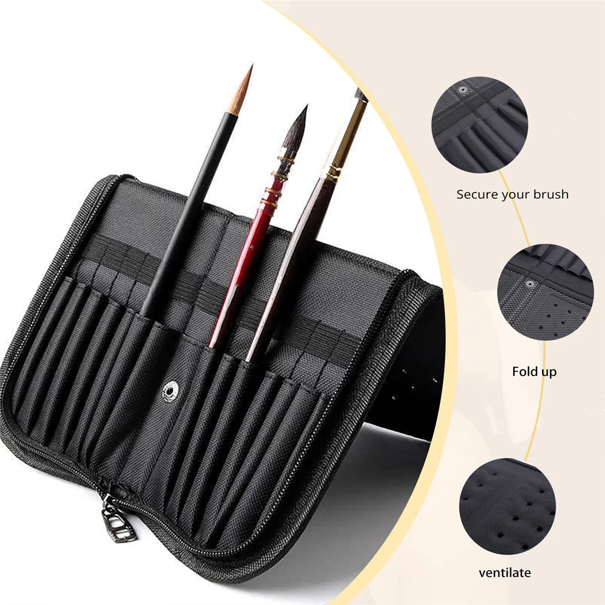 AS53-38Cm Artist Paint Brush Holder Zippered Brush Case for Oil Acrylic Watercolor Brush Breathable Painting