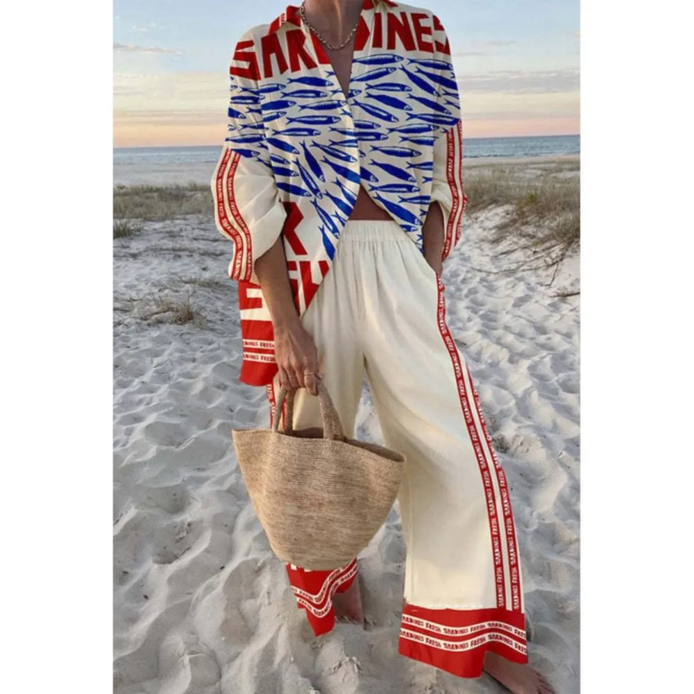 2-piece Set Fashion Printed Small Fish Long-sleeved Shirt Long Pants Women Spring Autumn Bohemian Vacation Female Long Pants Set