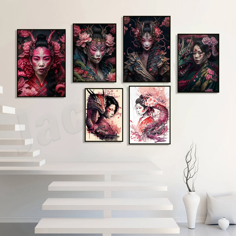 Japanese classic geisha dragon geisha snake character canvas poster aesthetics room wall cartoon decoration bar life painting