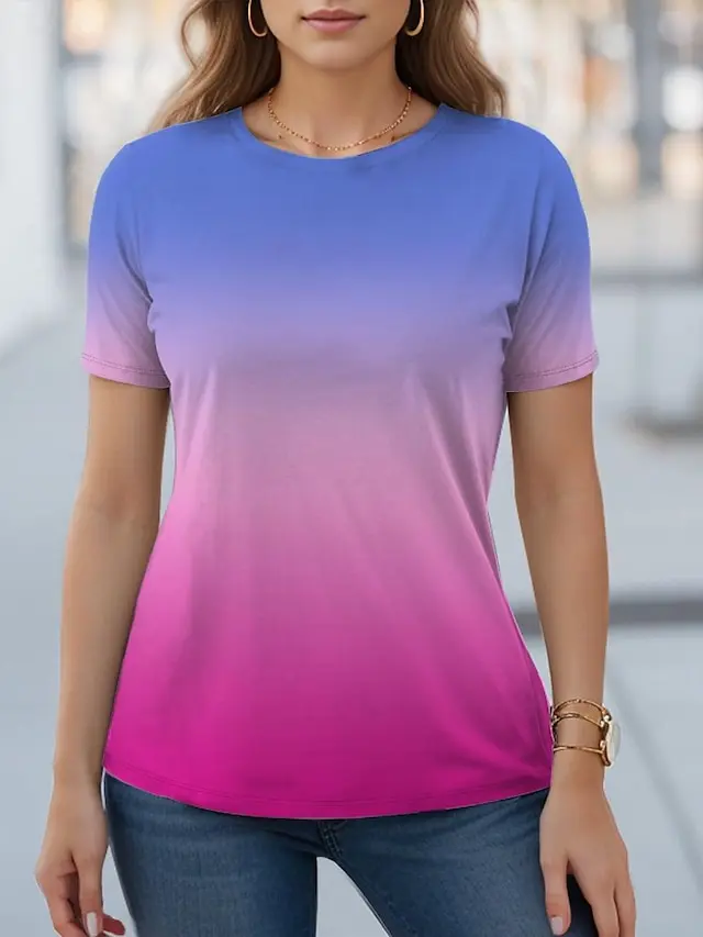 Women\'s T shirt Color Gradient Yellow Blue Orange Print Short Sleeve Fashion Round Neck Oversized Tshirt Summer Women Clothing