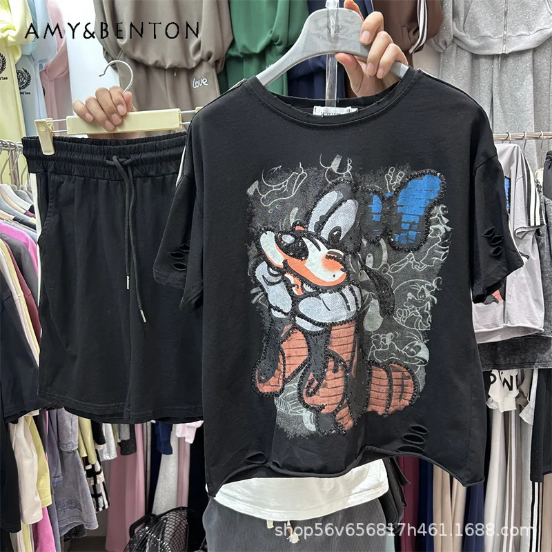 

Американский винтажный стиль со стразами, модная футболка с короткими рукавами в стиле ретро + широкие шорты с эластичной резинкой на талии, комплект из двух предметов