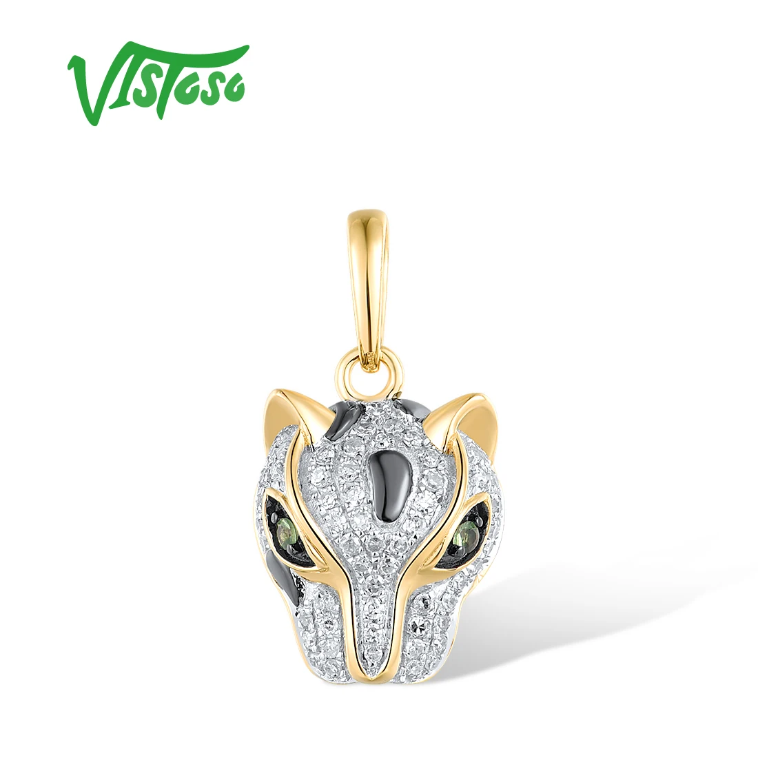 

VISTOSO Real 14K 585 Yellow Gold Leopard Pendant For Women Sparkling Diamond Green Garnet Delicate Wedding Party Fine Jewelry