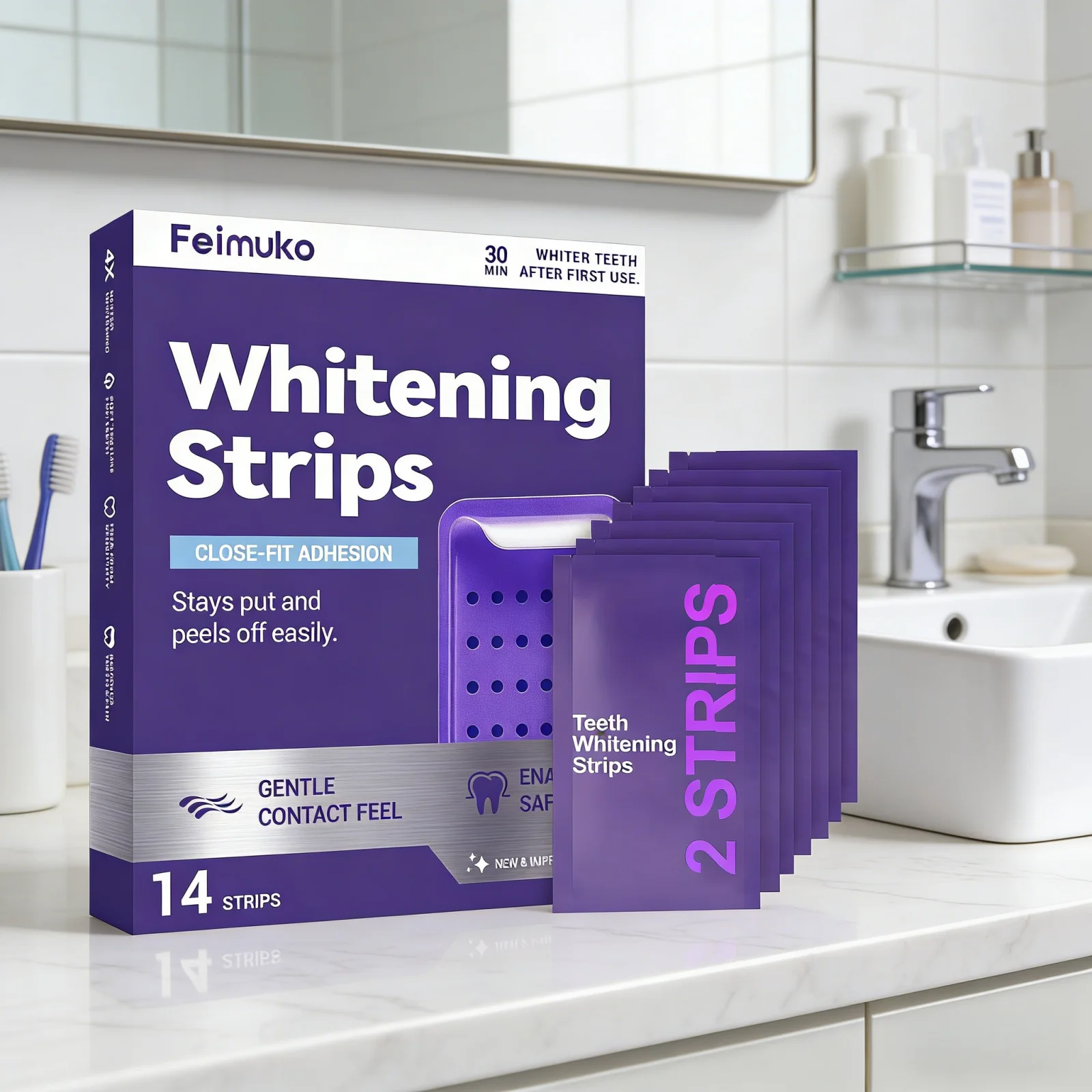 Feimuko Teeth Whitening Strips Sensitive Teeth Friendly Remove Stains Individually Packaged Enamel Safe Teeth Whitener 14 Strips