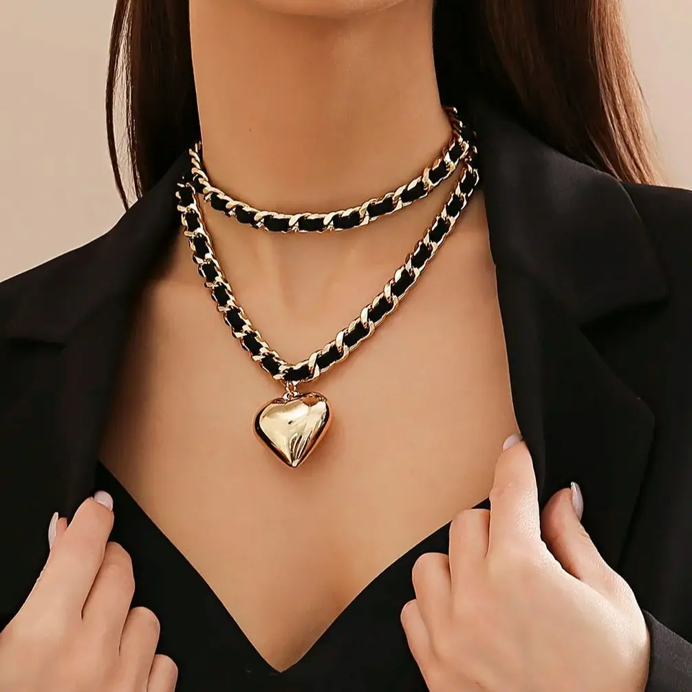 PuRui Trendy Love Heart Pendant Necklace for Women Link Chain With PU Rope Charm Choker Jewelry On The Neck Ladies Elegant Gifts