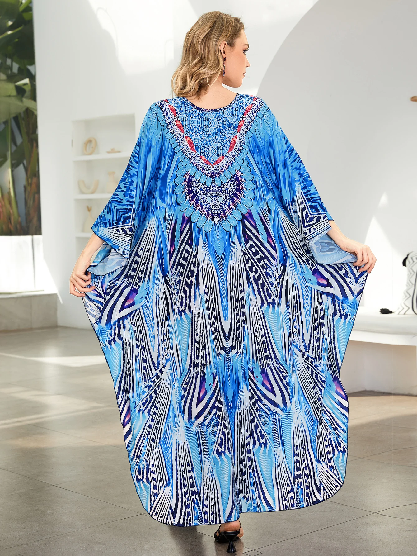 2024 damska Plus Size z Boho niebieski nadrukiem Kaftan z dekoltem w szpic z krótkim rękawem domowa sukienka letnia plaża strój kąpielowy zakrywana