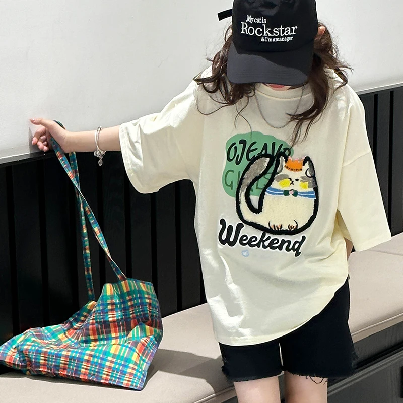 T-shirt à manches courtes pour filles, haut en coton pour enfants, vêtements d'été amples de style c