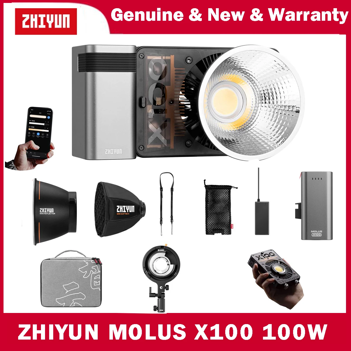 ZHIYUN MOLUS X100 100W COB LED Video Light Photography Lighting for Photography Video YouTube TikTok Recording Outdoor Shooting