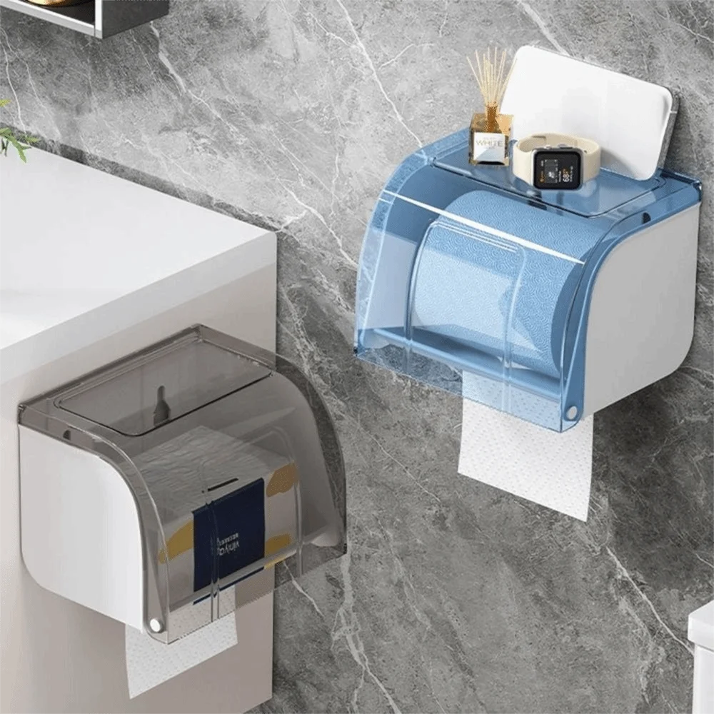 Waterproof Toilet Paper Holder Strong Bearing Capacity Flat Top Wall Mounted Tissue Case Clear Cover Self Adhesive view 3