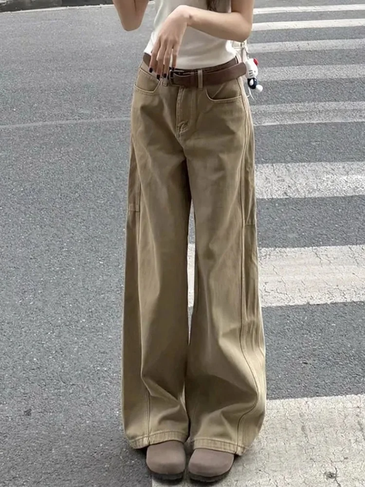 

Прямые джинсы больших размеров в американском стиле ретро цвета хаки, женские свободные утягивающие широкие брюки с высокой талией, повседневные брюки