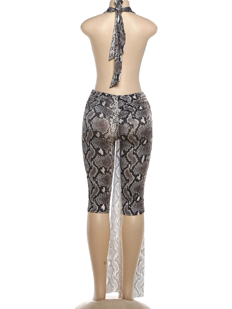 Cutenew セクシーな蛇紋岩ホルターロンパース女性リボンパッチワークノットノースリーブバックレスワークアウトミッドナイトクラブウェアプレイスーツ