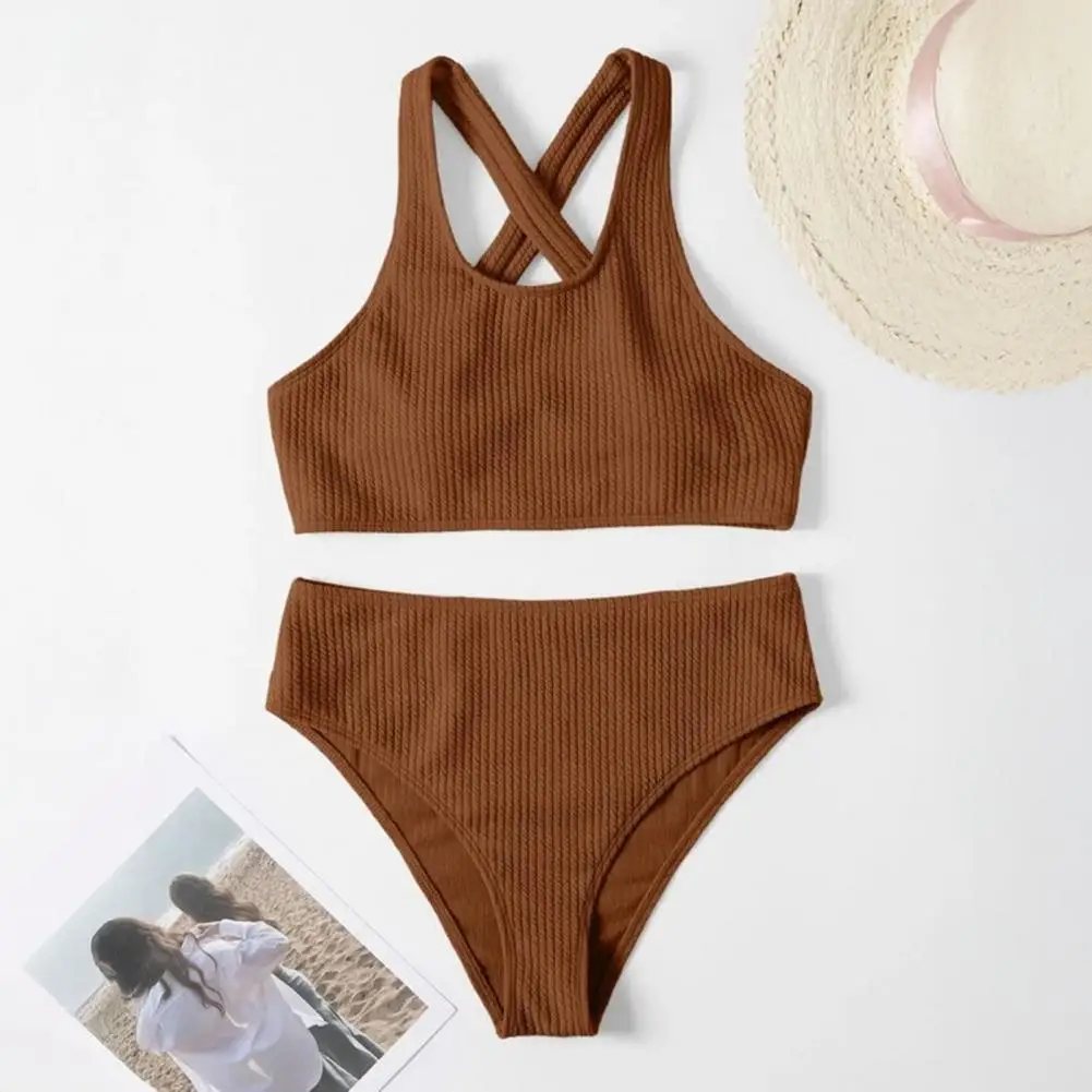 Легкий комплект бикини, нагрудник, стильный бикини, 2025 г., женский комплект бикини в рубчик, плавки с высокой талией, съемная подкладка на лето