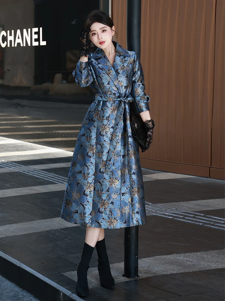 

New Chinese style retro style Womens High-End Luxury Trench Coat Jacquard Windbreaker Jacket Long Overcoat Fashion Female 2025