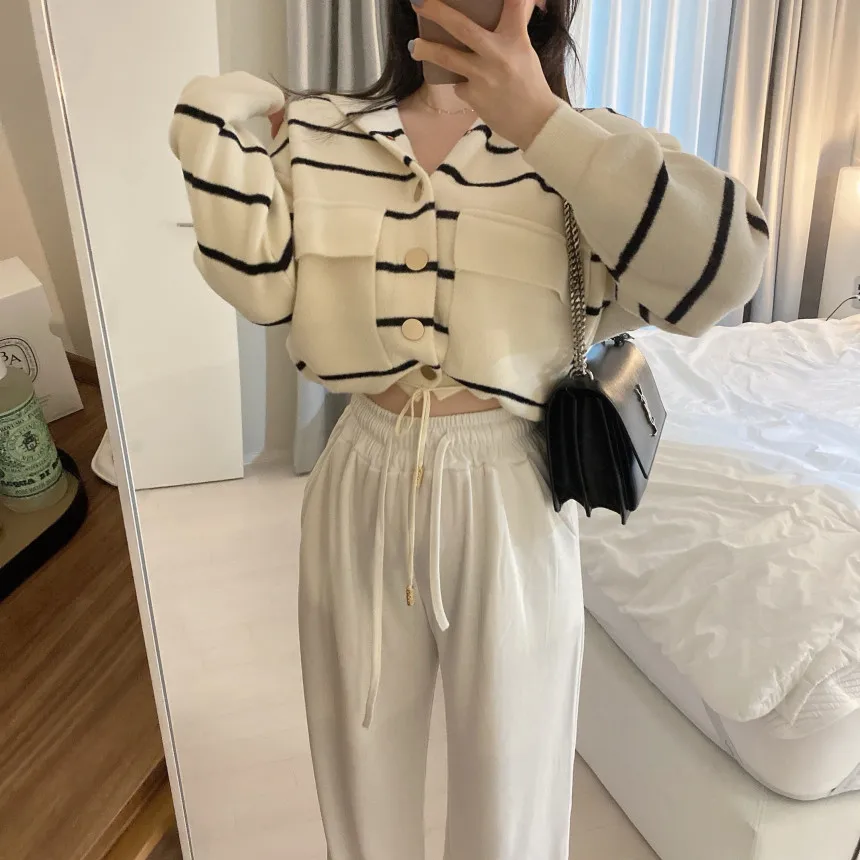 Loose Women's Knitted Cardigan Coat with Big Pockets Striped Splicing Drawstring Hem Single Buttoned Open Front Sweater