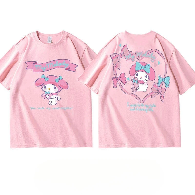 Children's T-shirt Pink Sanrio Melody Co Branded Korean Edition Pure Cotton Double Sided Printed Parent Child Round Neck Top