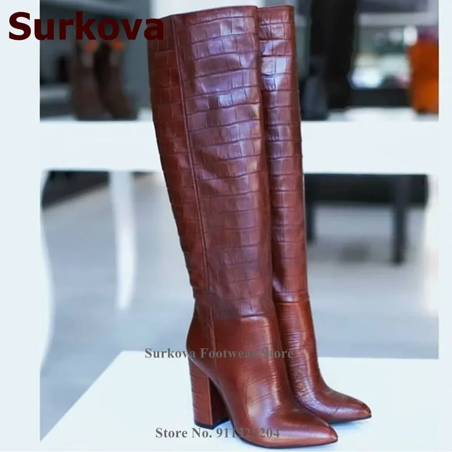 Surkova Brown Crocodile Pattern Chunky Heel Knee Boots Pointed Toe Snakeskin Square Heel Dress Boots Fall Winter Outdoor Shoes