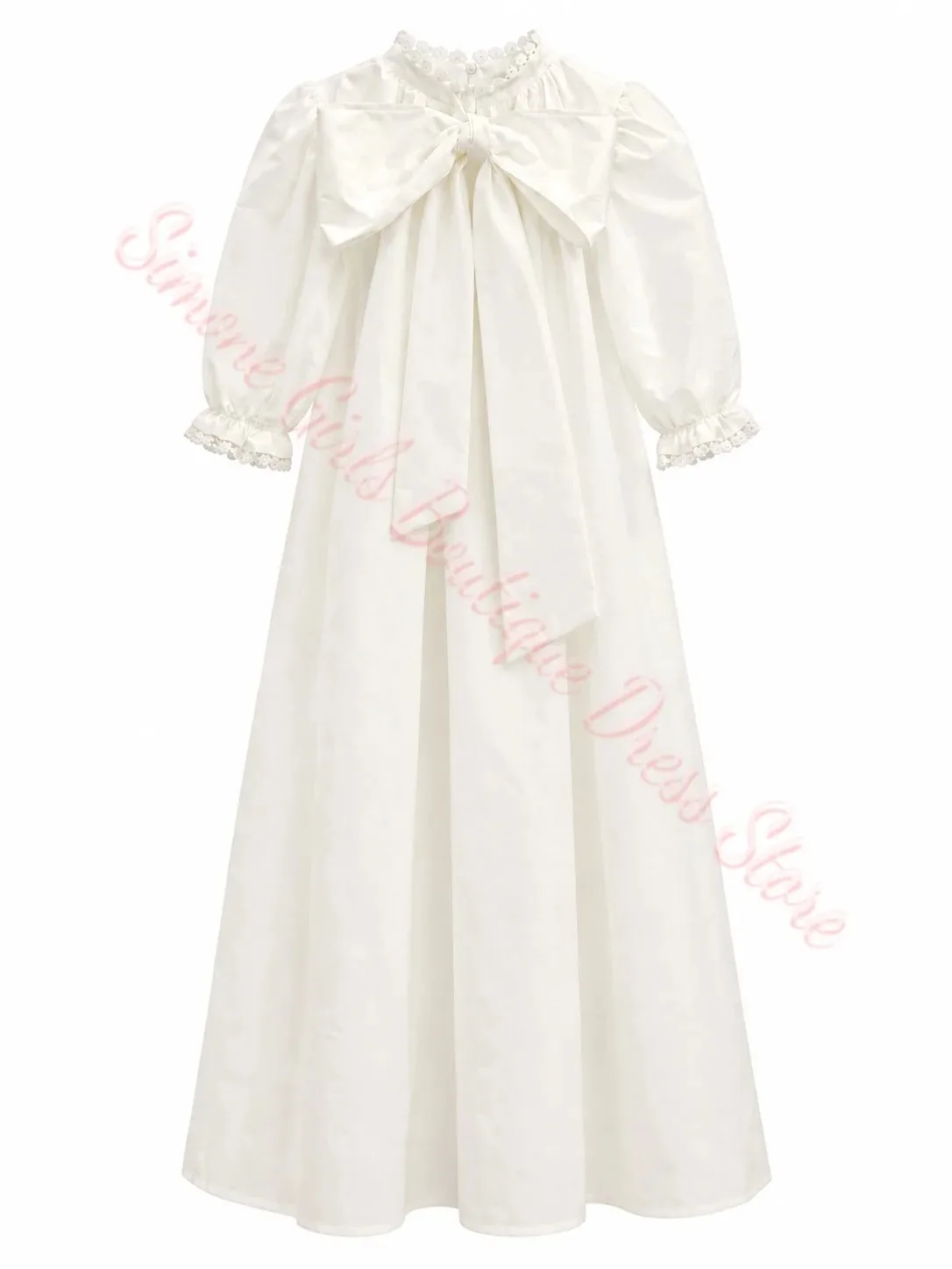 Großhandel Maßgeschneidertes Mädchenkleid mit Spitzenausschnitt, Prinzessinnen-Satin-Plissee, Hochzeits-Blumenmädchenkleid, Hohe Taille, Puffärmel, Kommunion, Geburtstag – Detail 6