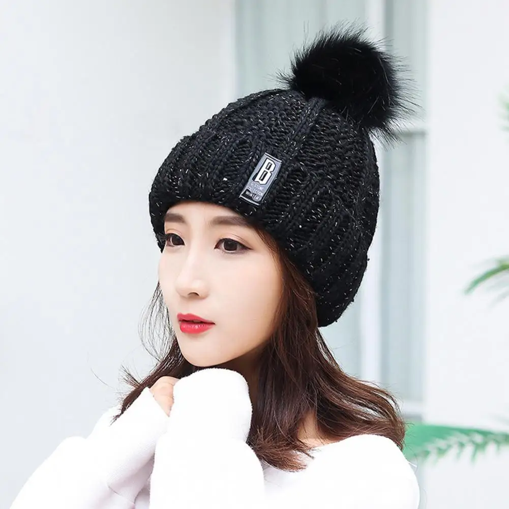 Knitted Hat Ski Hat Women Hat Fluffy Ball Stretch Thicken Fleece Lined Autumn Winter Coldproof Fashion Labeling Beanie Hat