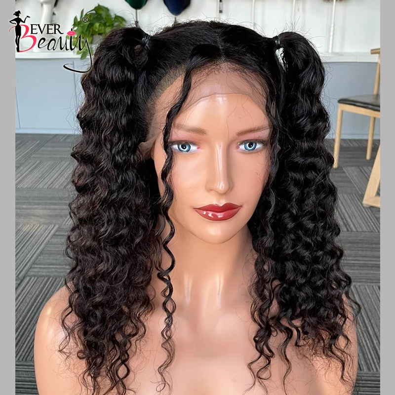 Pre Styled Deep Curly Wave 13x2 Lace Front Human Hair Wigs Brazilian Water Curly Wigs With Ponytail For Women Ever Beauty