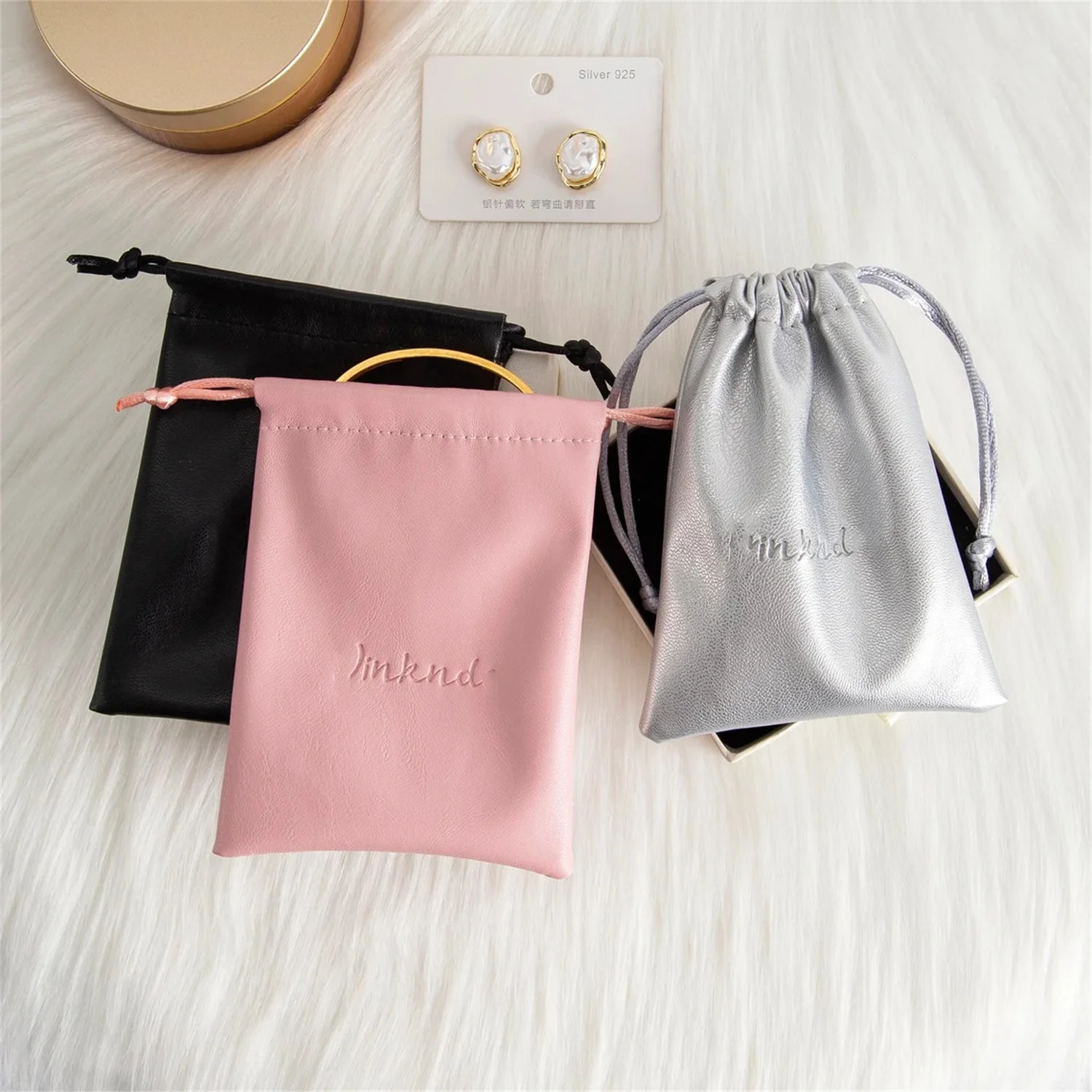 

50PCS Custom Logo Soft PU Leather Drawstring Bag Small String Pouch Jewelry Bag Gift Bags for Jewelry Packaging Bulk Wedding Fav