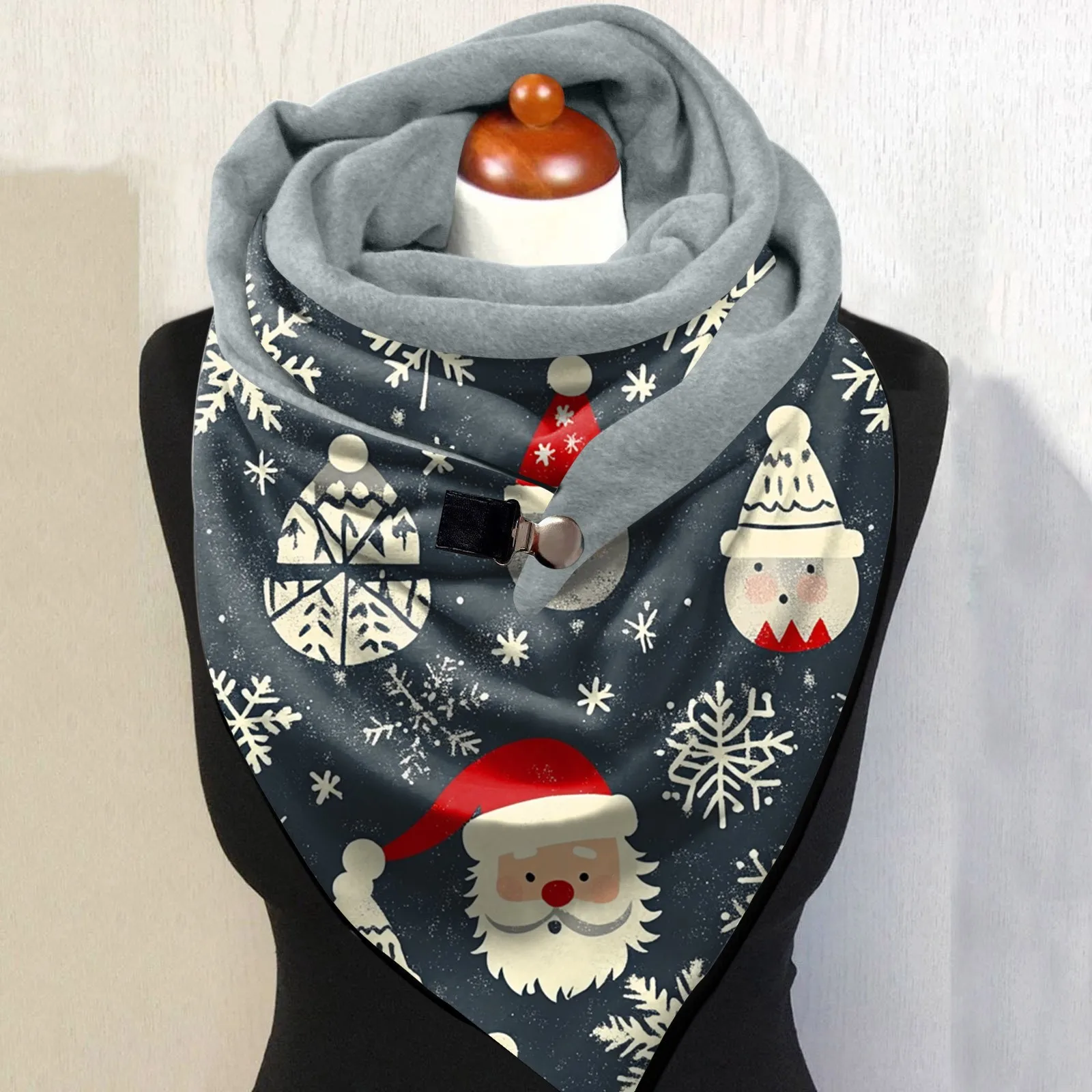 Xmas Women Fleece Warm Neck Warmer Winter Print Double Stitching Triangle Buckle Snood Scarves Outdoor Warm Windproof Warp Neck