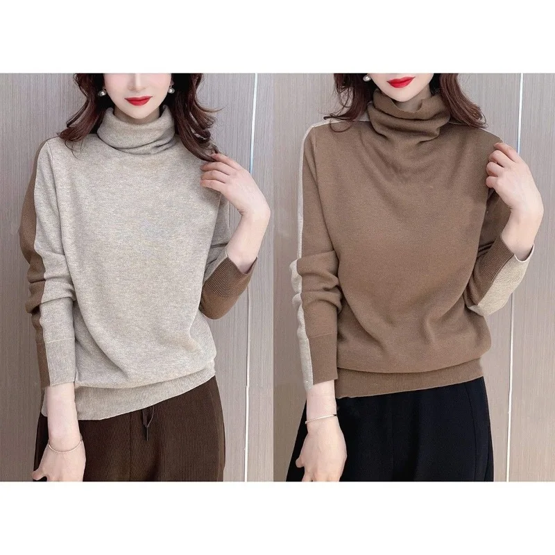 Women\'s Fashion High Collar Bottom Sweater Female Autumn and Winter Korean Loose Pullover Long Sleeve Patchwork Casual Knit Tops