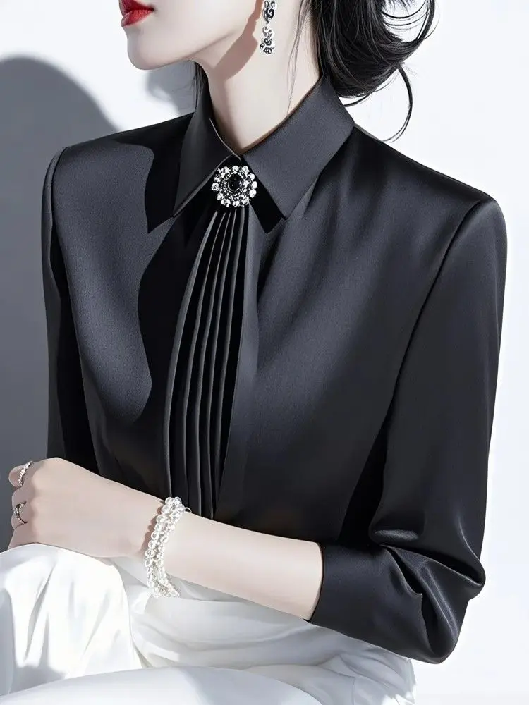 بلوزات الحرير الساتان المرأة طويلة الأكمام بلوزات غير رسمية الخريف الربيع مكتب سيدة لباس غير رسمي البلوزات حجم كبير