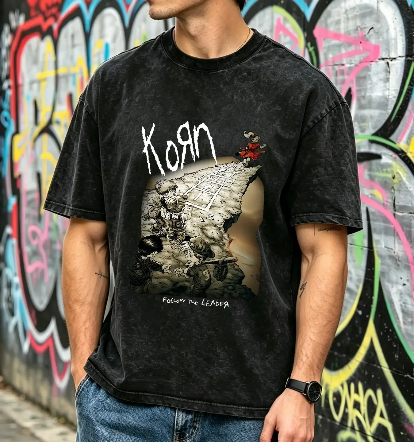 washed T Shirt Korn Follow The Leader Double Sided Nu Metal Men's Size XL vintage Washed streetwear Soft Unisex Versatile