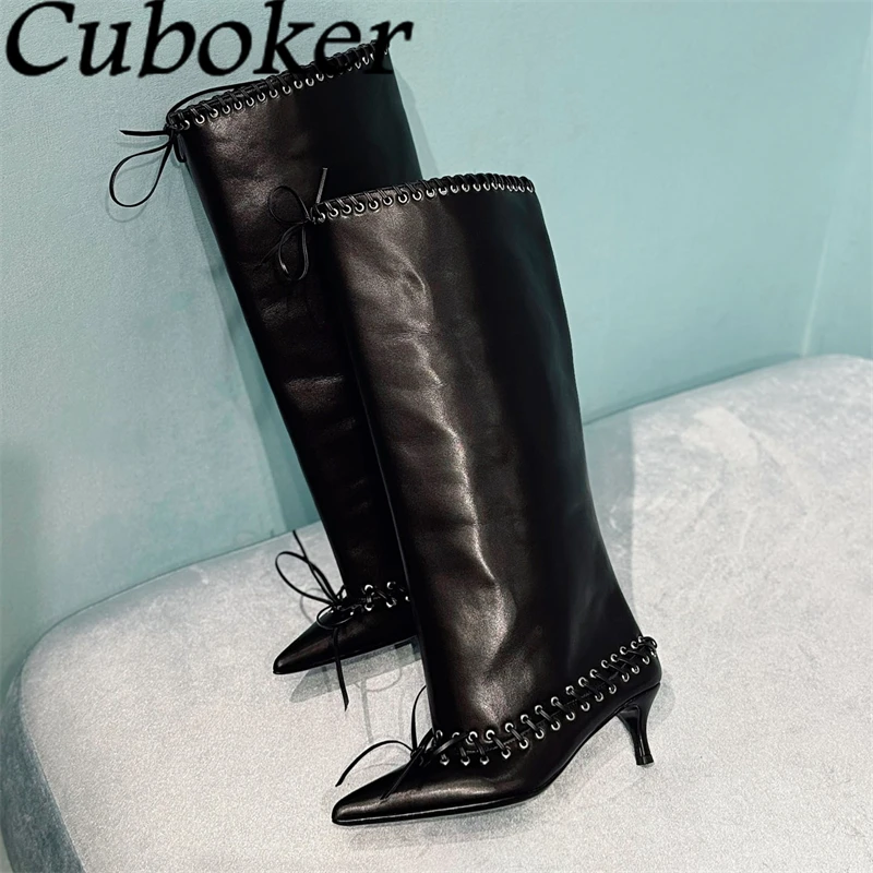 2024 Autumn Fashion Pointy Toe Genuine Leather Ankle Boots Women Kitten Heel Lace Up Short Chelsea Boots Knight Long Botas Mujer