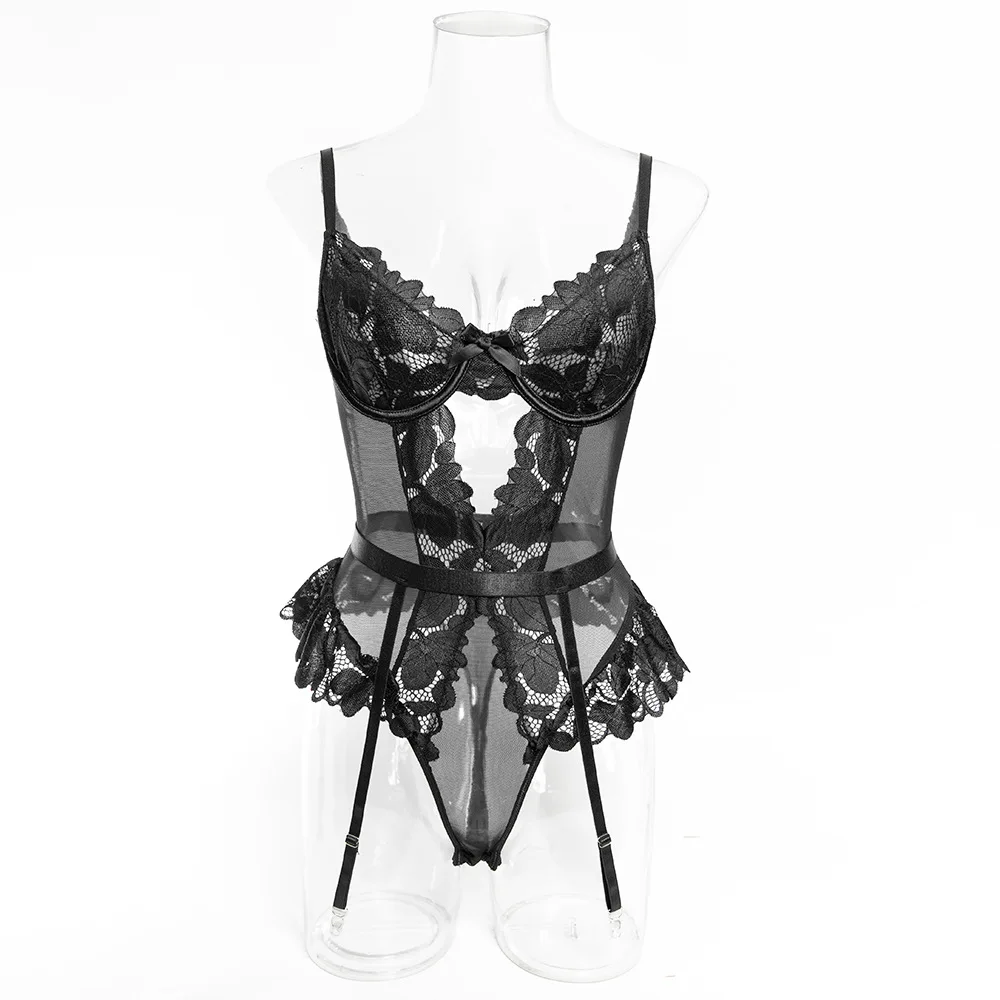Womens Erotic Western Style Lace Trim Mesh Patchwork Sensual Waist Trainer See Through Alluring Charming Premium Erotic Bodysuit