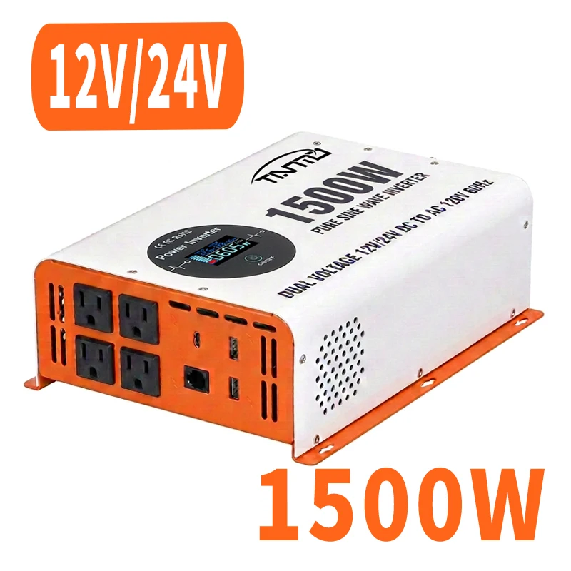 Tianmo Dual Input Voltage 12V/24V Power Inverter 1500W Pure Sine Wave Converter For Car, RV, Truck, Camping, Off Grid System