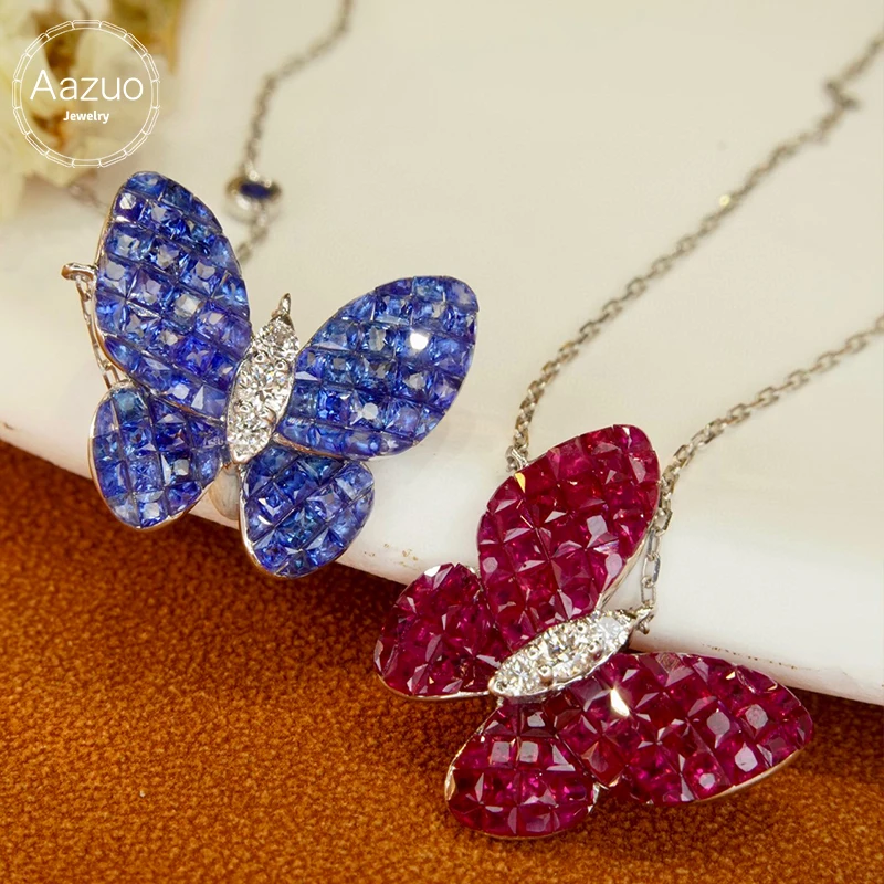 

Aazuo Luxurydesign 18K White Gold Natural Ruby Blue Sapphire Buterfly Pendent With Chain Necklace gifted for Women Au750 18 Inch