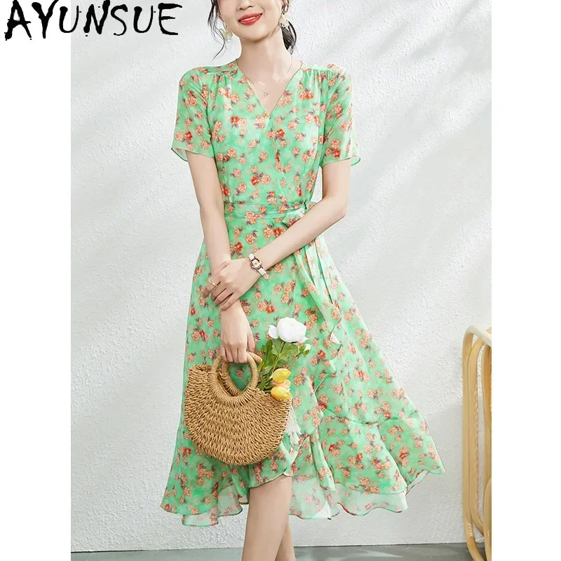 Ayunsue 100% vestido de seda amoreira real vestidos longos de luxo 2024 mulheres verão elegante moda roupas femininas magro vestido verde