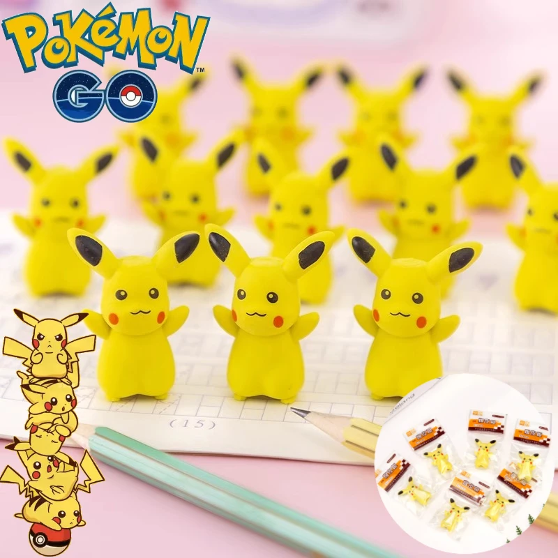 Gommes Pikachu Pokemon, 10 pièces, papeterie mignonne, capuchon de stylo, fournitures scolaires Kawaii, outils de bureau, figurine Anime, ornements de bureau, jouet pour enfant