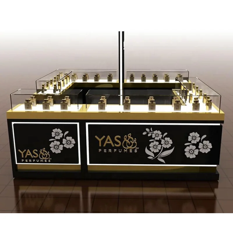 

Custom, luxury mall kiosk for perfume glass display counter gold stainless steel perfume shopping mall Display kiosk