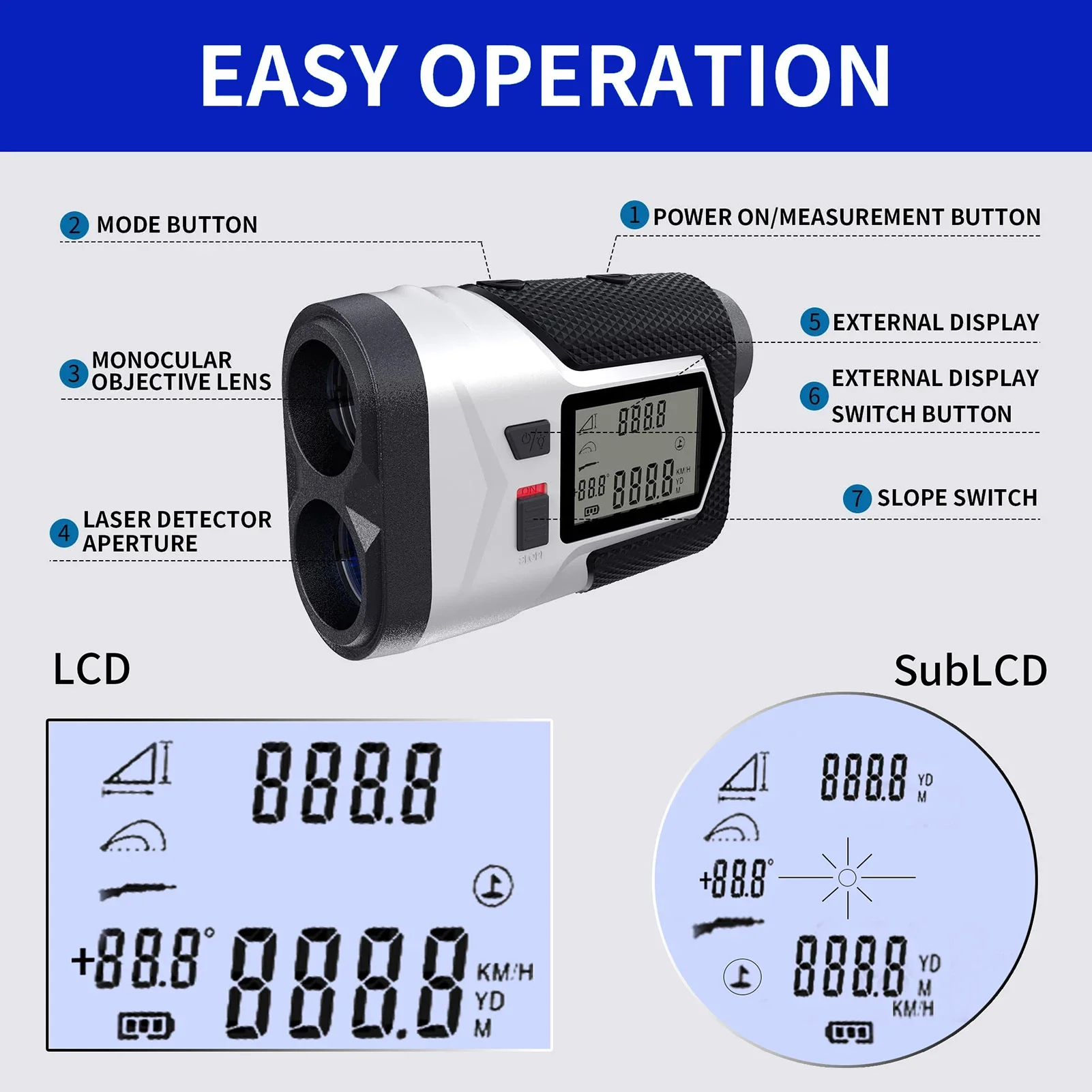 LONGSHUO الاهتزاز جولف Rangefinder الصيد المدى مكتشف المهنية يده الرقمية مقياس مسافات المدى مكتشف الصيد