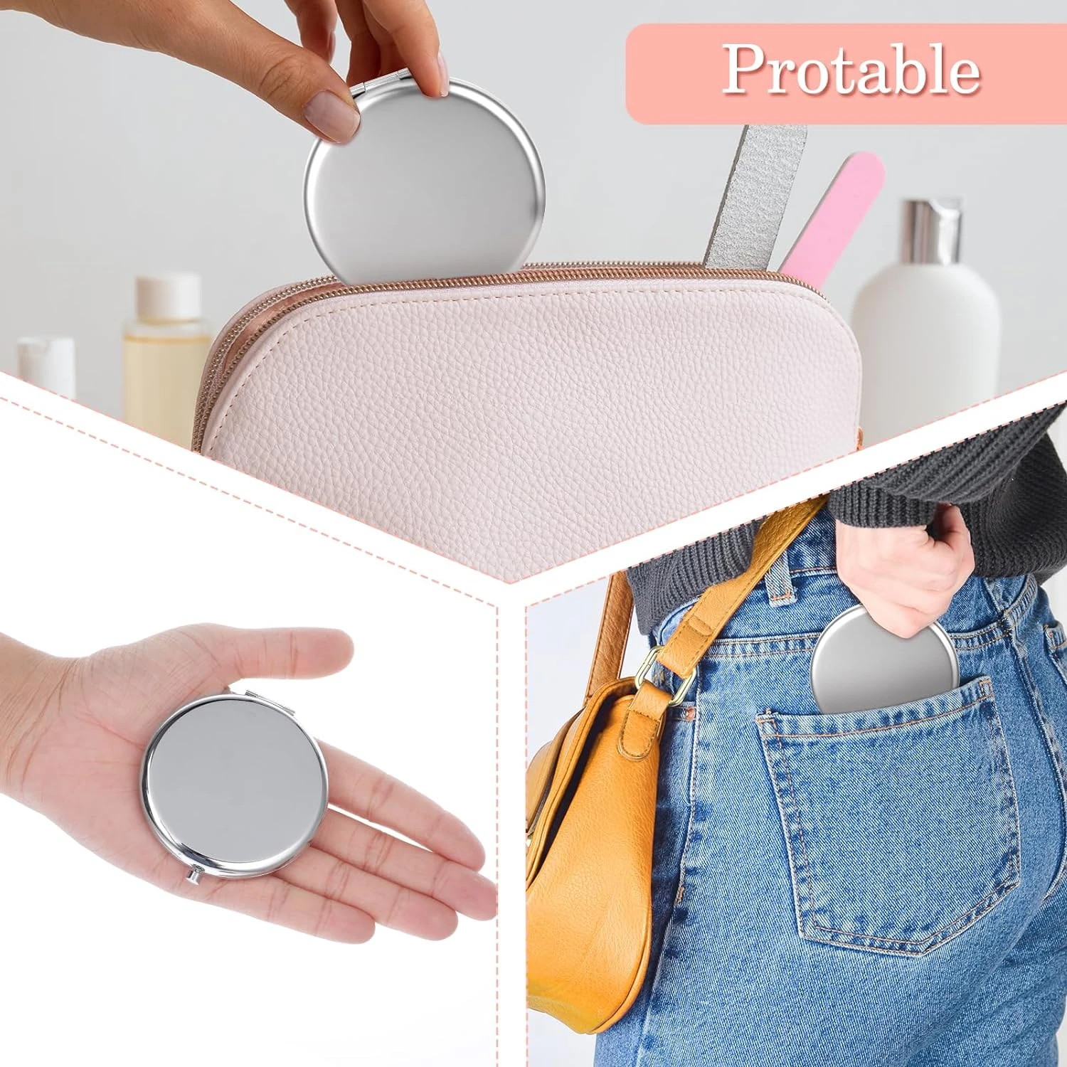 Compacto para bolso, espejos compactos de viaje con aumento 2X de doble cara doblado, maquillaje de viaje pequeño portátil para bolso, bolsillo y