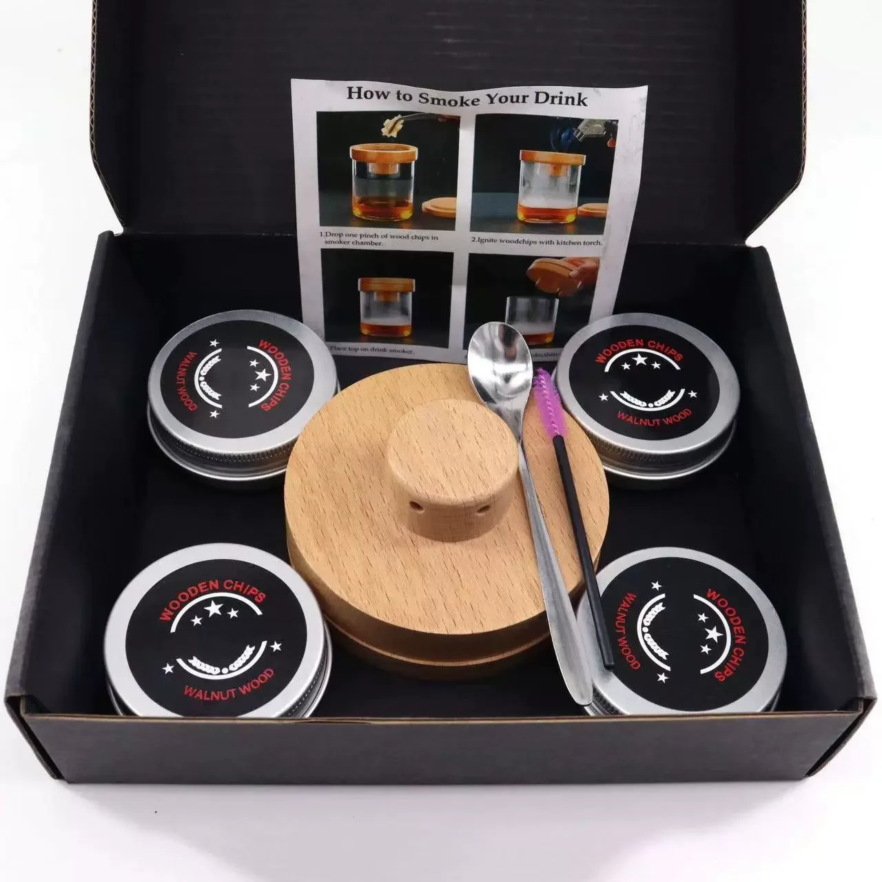 Cocktail Smoker Kit Wooden Whiskey Wood Hood Smoker With 4 Flavor Wood Chips For Drinks Kitchen Bar Accessories Tools
