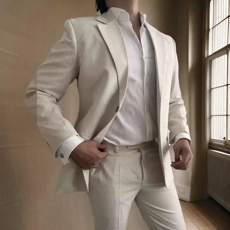 Slim Fit Sage Linen Men Suits for Wedding 2 Pieces Beach Groom Tuxedo Prom Summer Party Jacket with Pants Notched Lapel Blazer